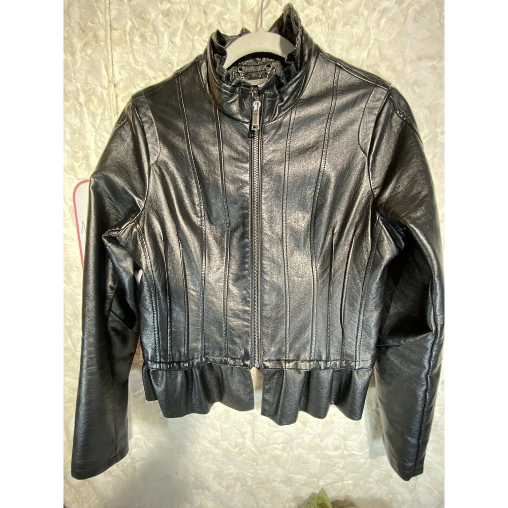 Odyn Women Black Faux Leather Jacket Ruffled szM